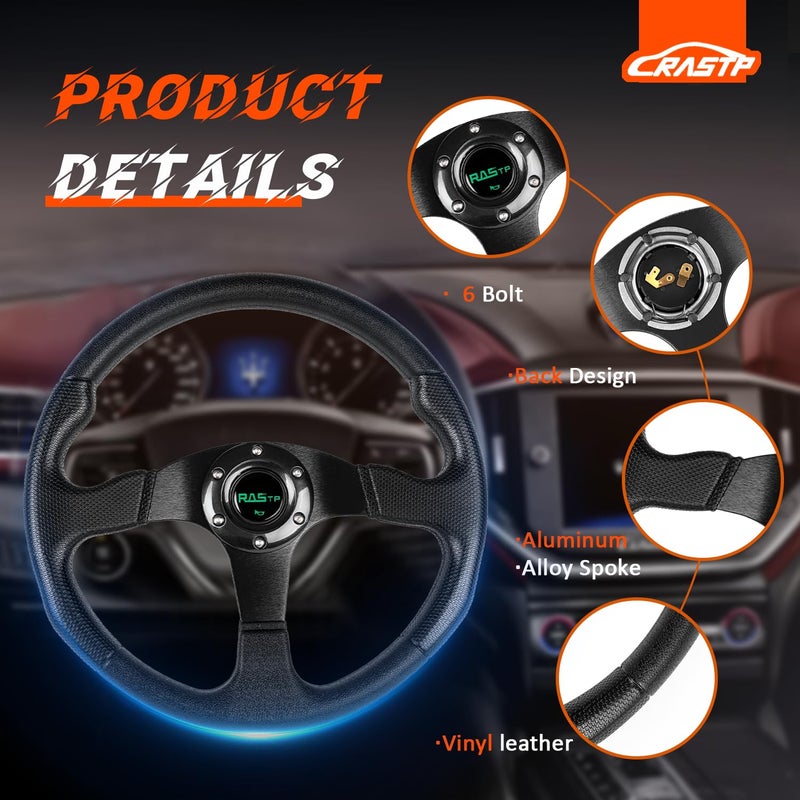 RASTP Universal Racing Steering Wheel 13.8â€/350mm 6 Bolts Grip Vinyl Leather & Aluminum with Horn Button for Car-Black - Image 2